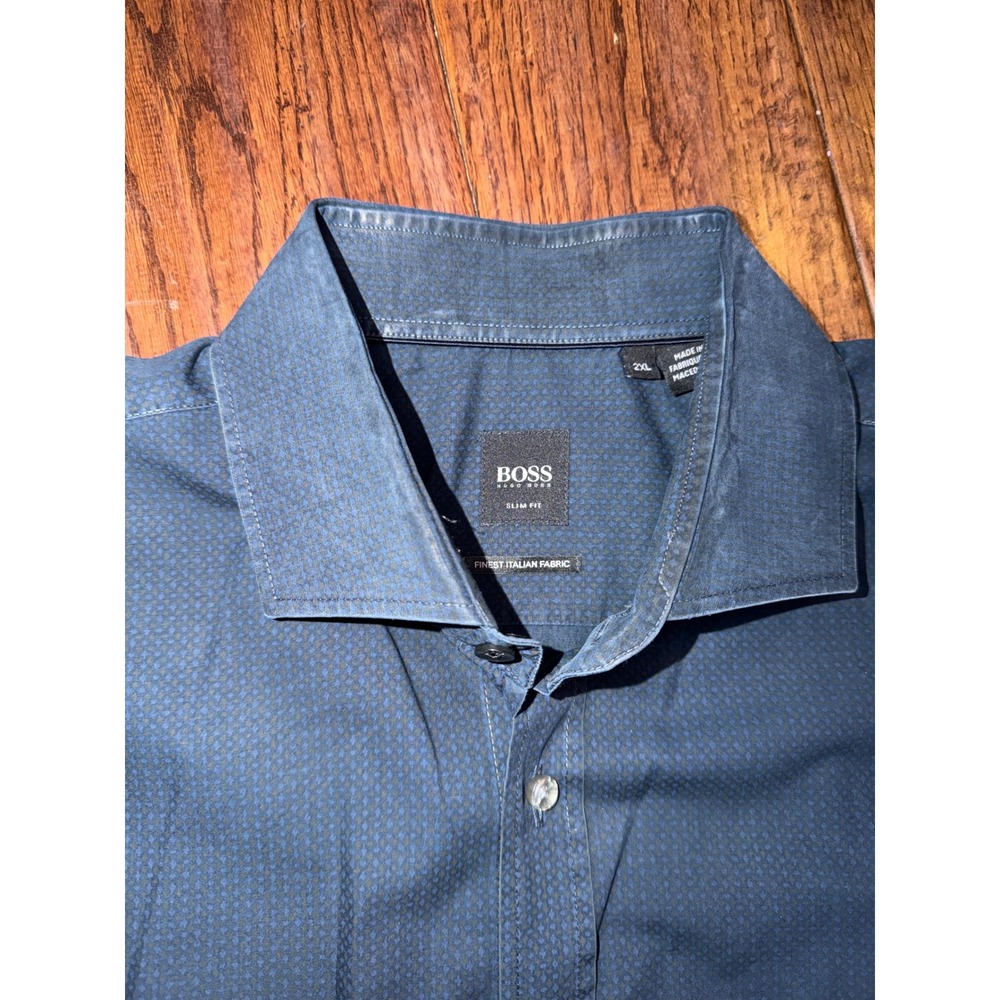 Hugo Boss Slim Fit Navy Blue Micro Pattern Italian Fabric Button‎ Down Shirt 2XL